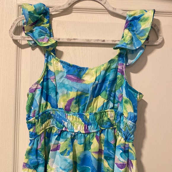 NWOT Blu Pepper L Blue/Green/Purple Palm Pattern Ruffle Dress - Picture 8 of 9